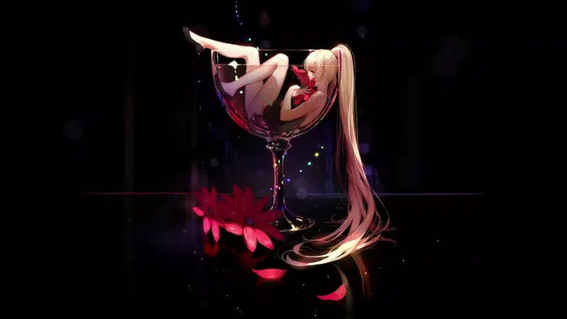 black background, anime, anime girls, glass, long hair, arts, flowers Live Wallpaper