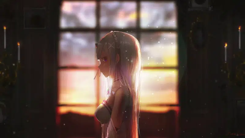 blond hair, room, sunset, long hair, anime, purple eyes, candles, anime girls, silver hair, elf, emilia, re:zero Live Wallpaper