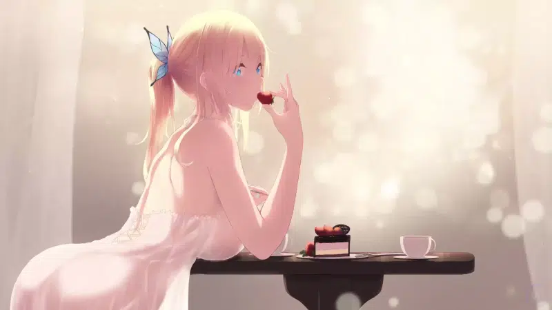anime, long hair, haganai: i dont have many friends, anime girls, blue eyes, cake, sena kashiwazaki, coffee, sena kashiwazaki, coffee table, blond hair, Live Wallpaper