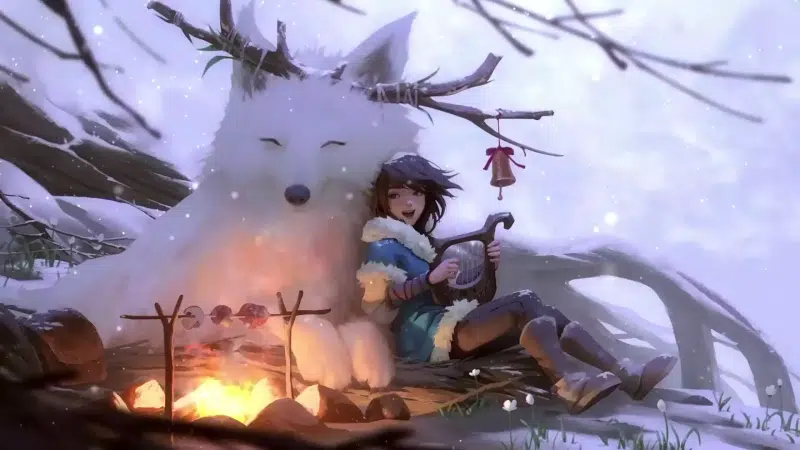 fantasy harp girl with snow fox, fox, anime girls, snow fox, harp, anime, winter, fantasy Live Wallpaper