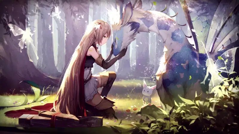 blond hair, elf, dragon, arisa, anime, green eyes, anime girls, shadowverse, long hair, fairies, forest, games, fantasy Live Wallpaper