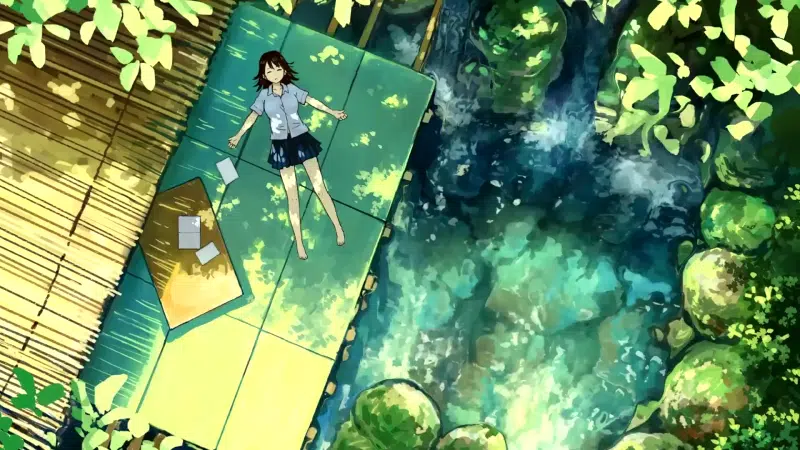 anime, anime girls, river, rest, skirt Live Wallpaper