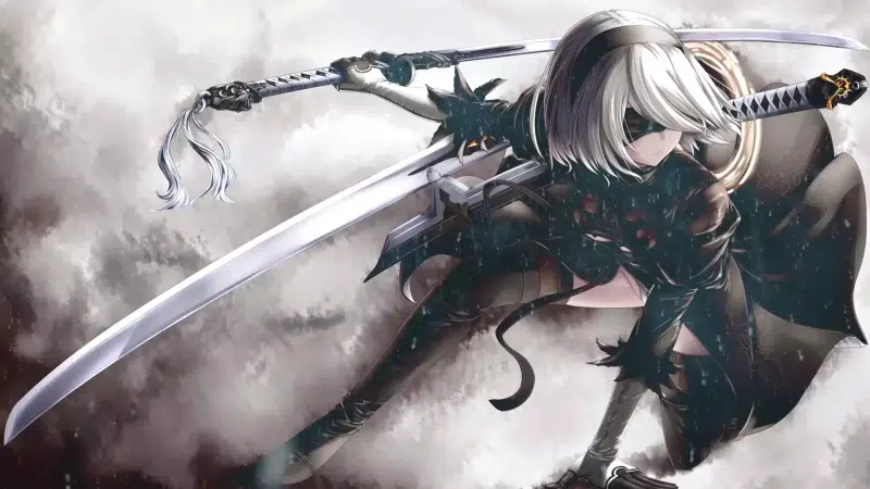 robots, 2b, short hair, yorha, blond hair, silver hair, games, nier:automata, sword, android, anime, katana, eye patch, arts, anime girls Live Wallpaper