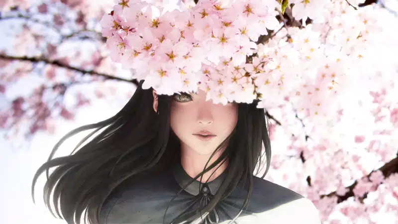 under the tree, anime girls, anime girl and sakura, arts, petals, anime, sakura Live Wallpaper