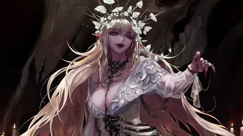 fantasy, anime necromancer girl, anime girls, elf, big breasts, necromancer, anime Live Wallpaper