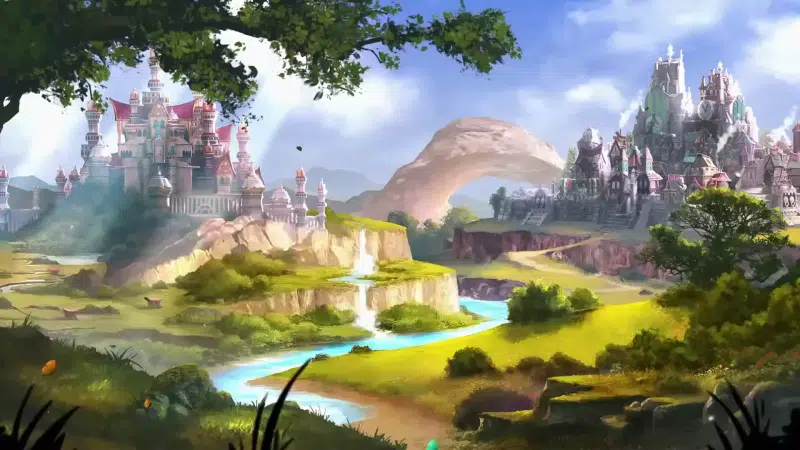 river, arts, landscapes - nature, kingdom, waterfall, petals, castle, butterflies, cities Live Wallpaper