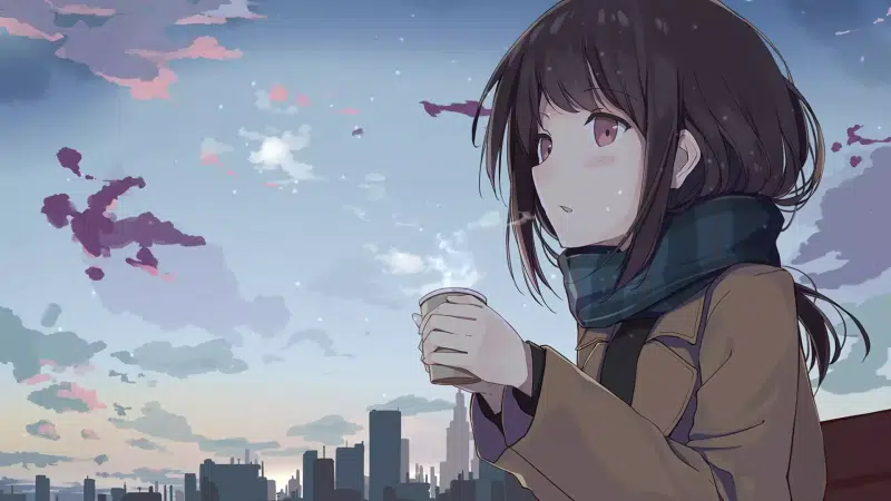 anime, winter, anime girls, anime girl with hot coffee Live Wallpaper