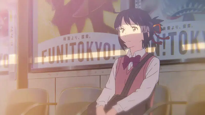 school uniform, sits, mitsuha miyamizu, arts, anime, a moment from the anime, your name, anime girls Live Wallpaper