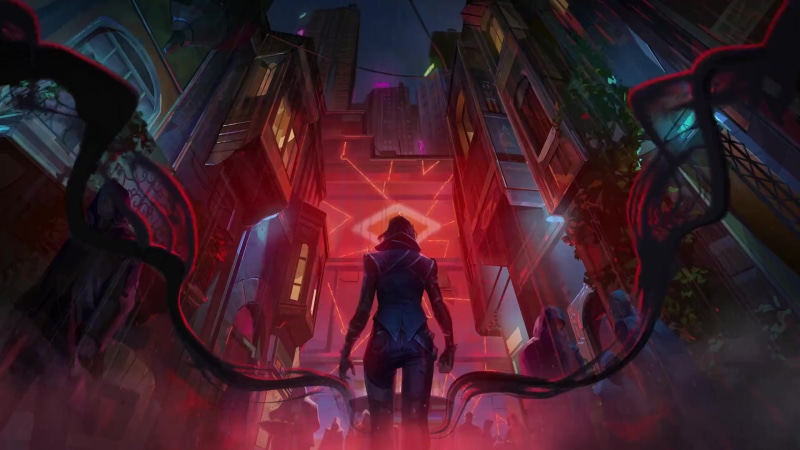 Fade from Valorant in a red futuristic city environment Live Wallpaper