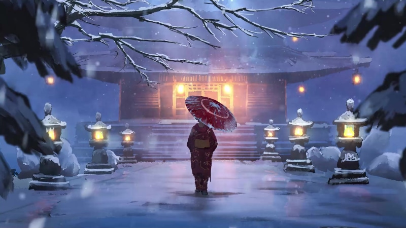 After Dark, Anime, Winter, Snow, Lantern, Umbrella Live Wallpaper