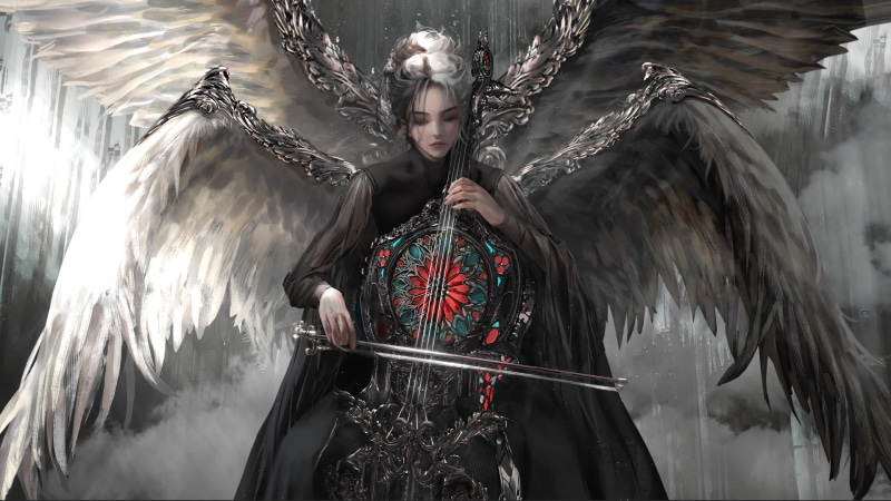 Cellist, Beautiful woman with angel wings, black dress, black and white beautiful hair playing violin Live Wallpaper