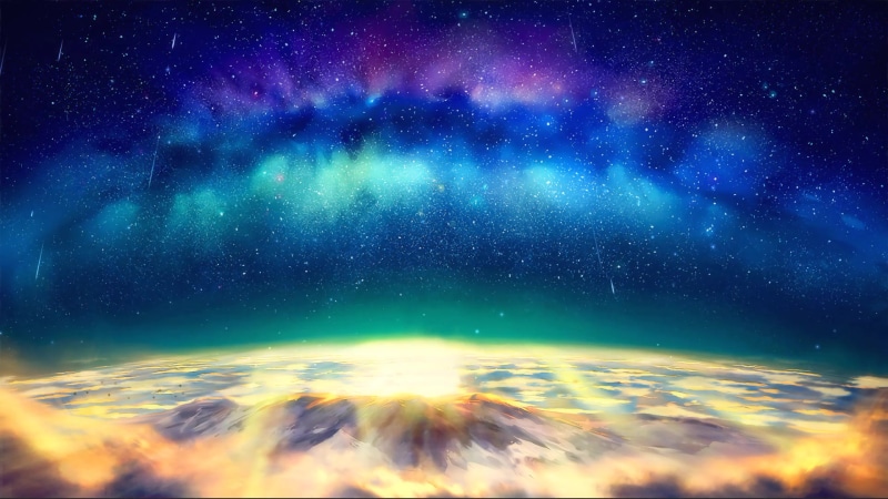 Anime, space, northern lights, mountains Live Wallpaper