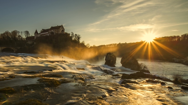 Sun, waterfall, morning, Switzerland, Schaffhausen, Rheinfall Live Wallpaper