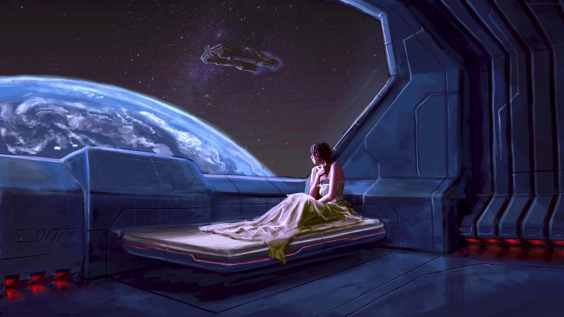space room, illustration of woman in a space ship Live Wallpaper