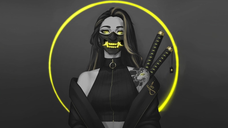Ninja Girl with Oni mask Live Wallpaper