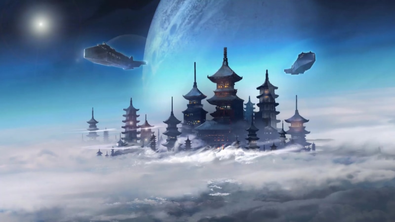 Flyaway, futuristic, Asian architecture, space, clouds, planet Live Wallpaper