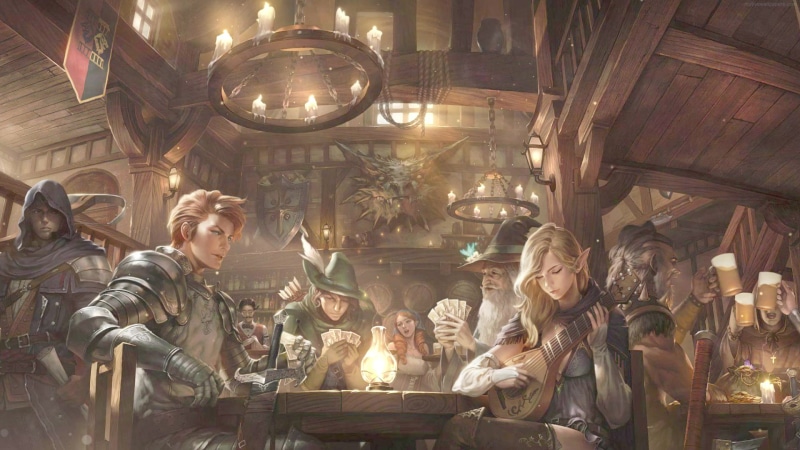 Tavern, artwork, candles, table, warrior, wizard, fantasy art, arrows Live Wallpaper