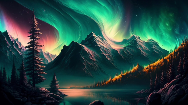 Aurora over Mountain and Lake Landscape Live Wallpaper