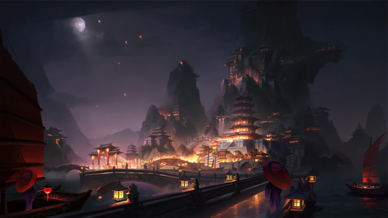 Night Market Fireworks, water, night, the city, people, boats, fantasy, fireworks, Goro, section art 4K Live Wallpaper