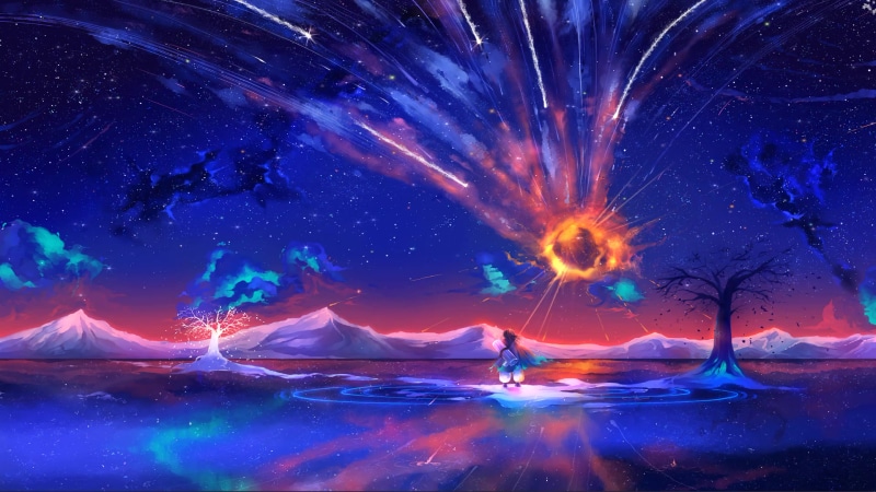 Another Dimension Artwork, fantasy girl, fantasy art, colorful, sky, landscape, water, water ripples, stars, space Live Wallpaper