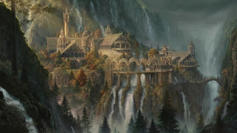Majestic Castle, Rivendell, The Lord of the Rings, fantasy art, waterfall, artwork Live Wallpaper