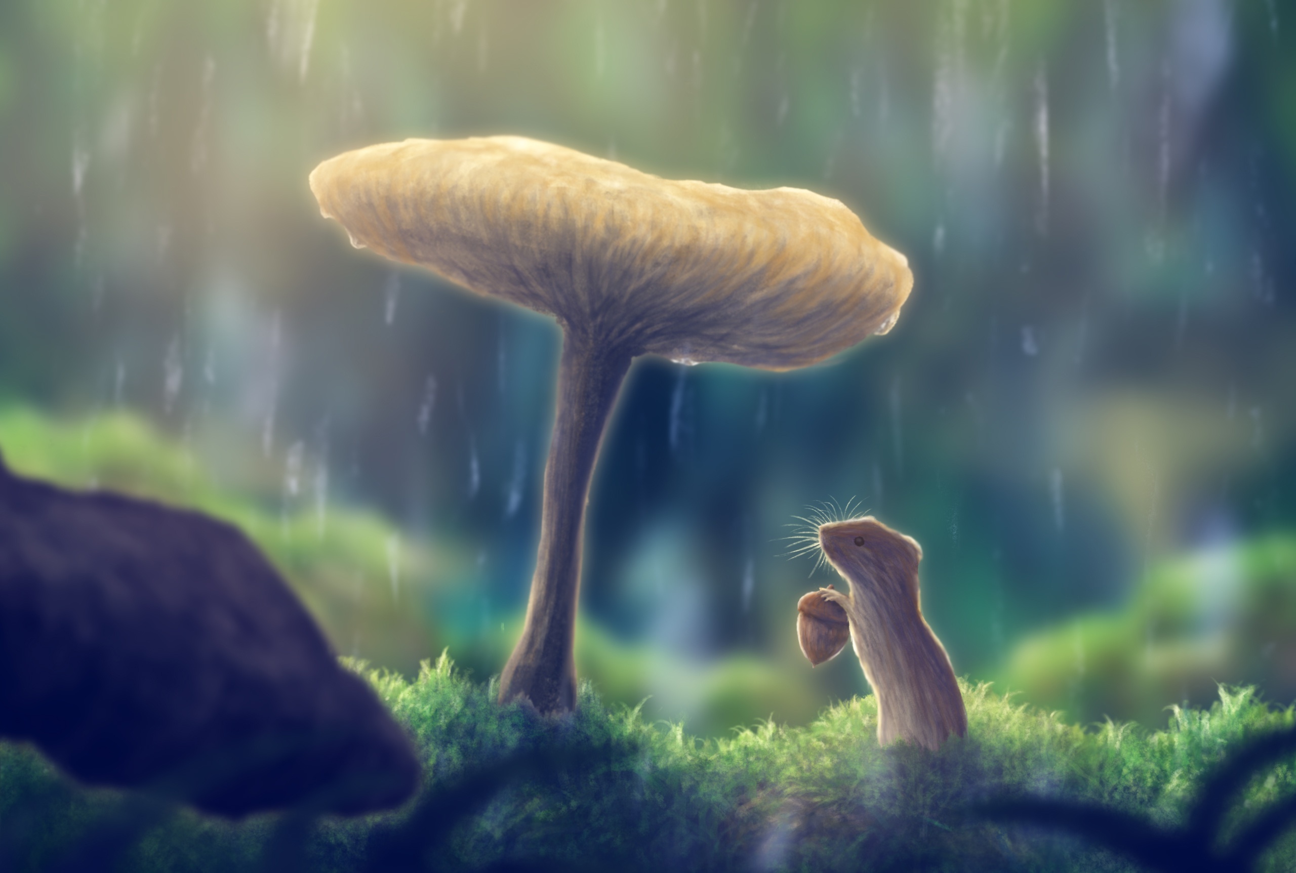 Mouse holding acorn under a mushroom in the rain HD Wallpaper