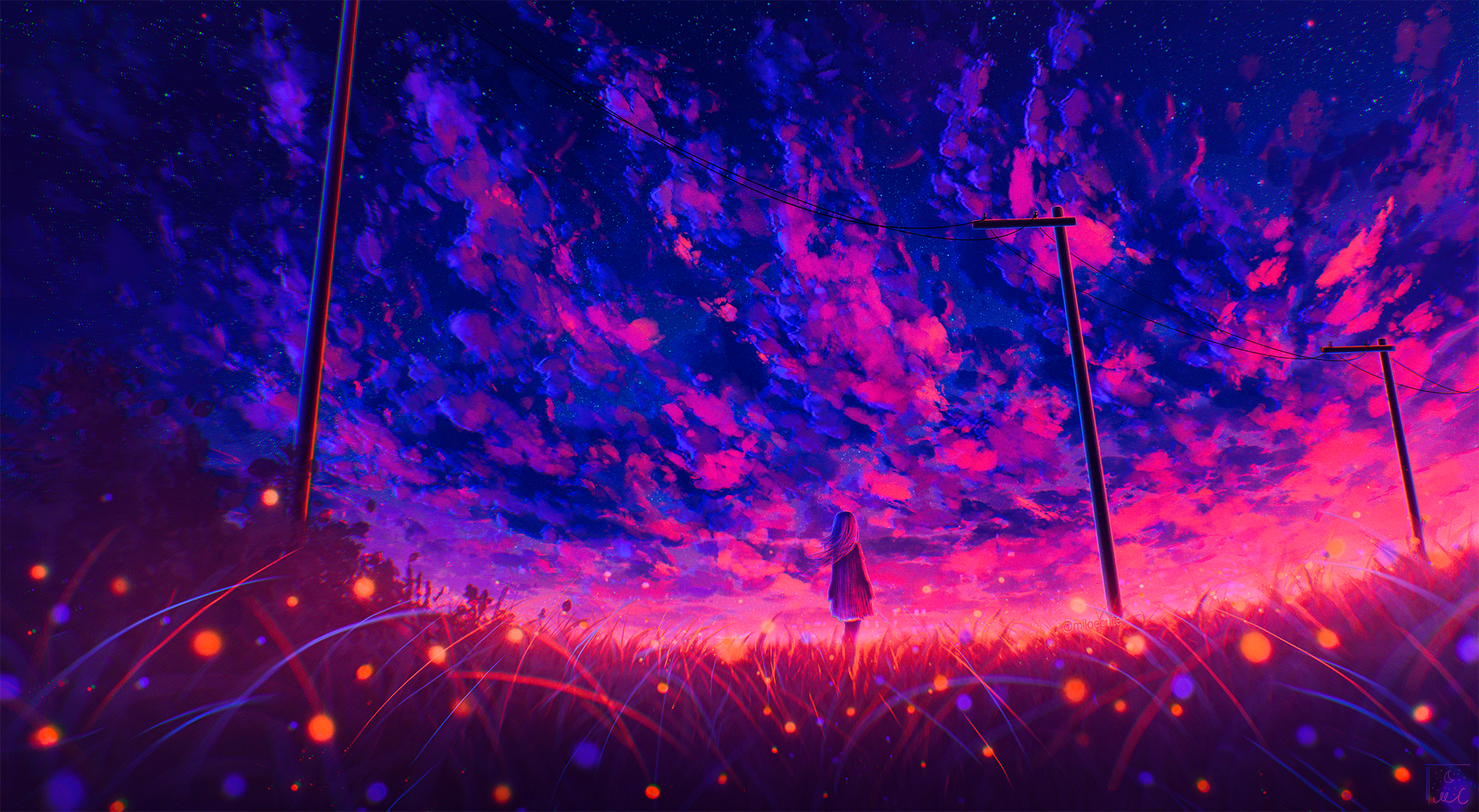 Girl in a field at sunset with colorful clouds HD Wallpaper