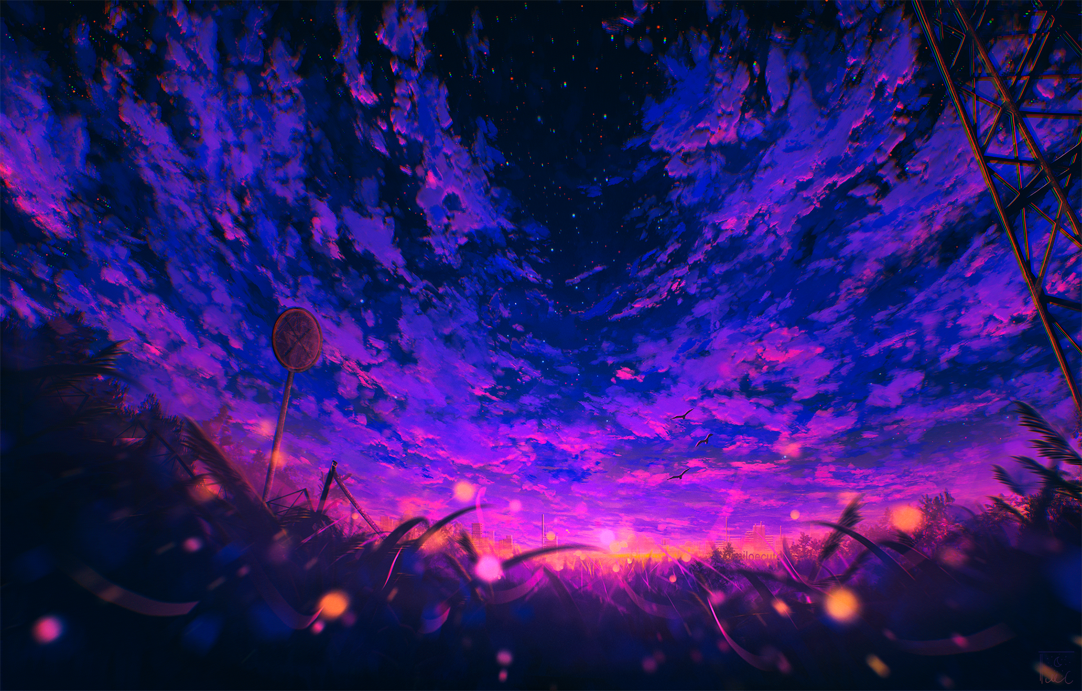 Purple and pink sunset sky over a field with a signpost HD Wallpaper