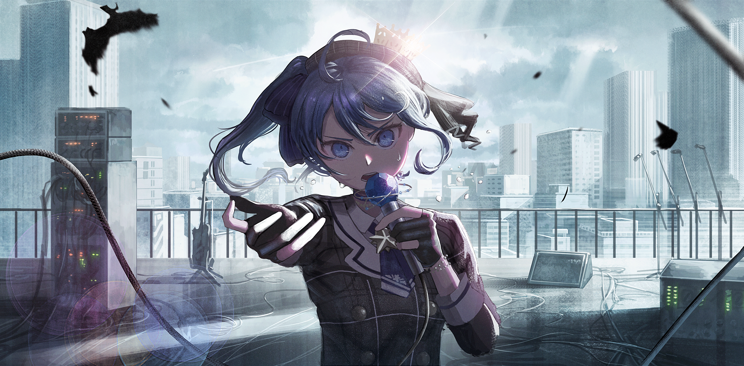 Hoshimachi Suisei from Hololive singing on a rooftop HD Wallpaper