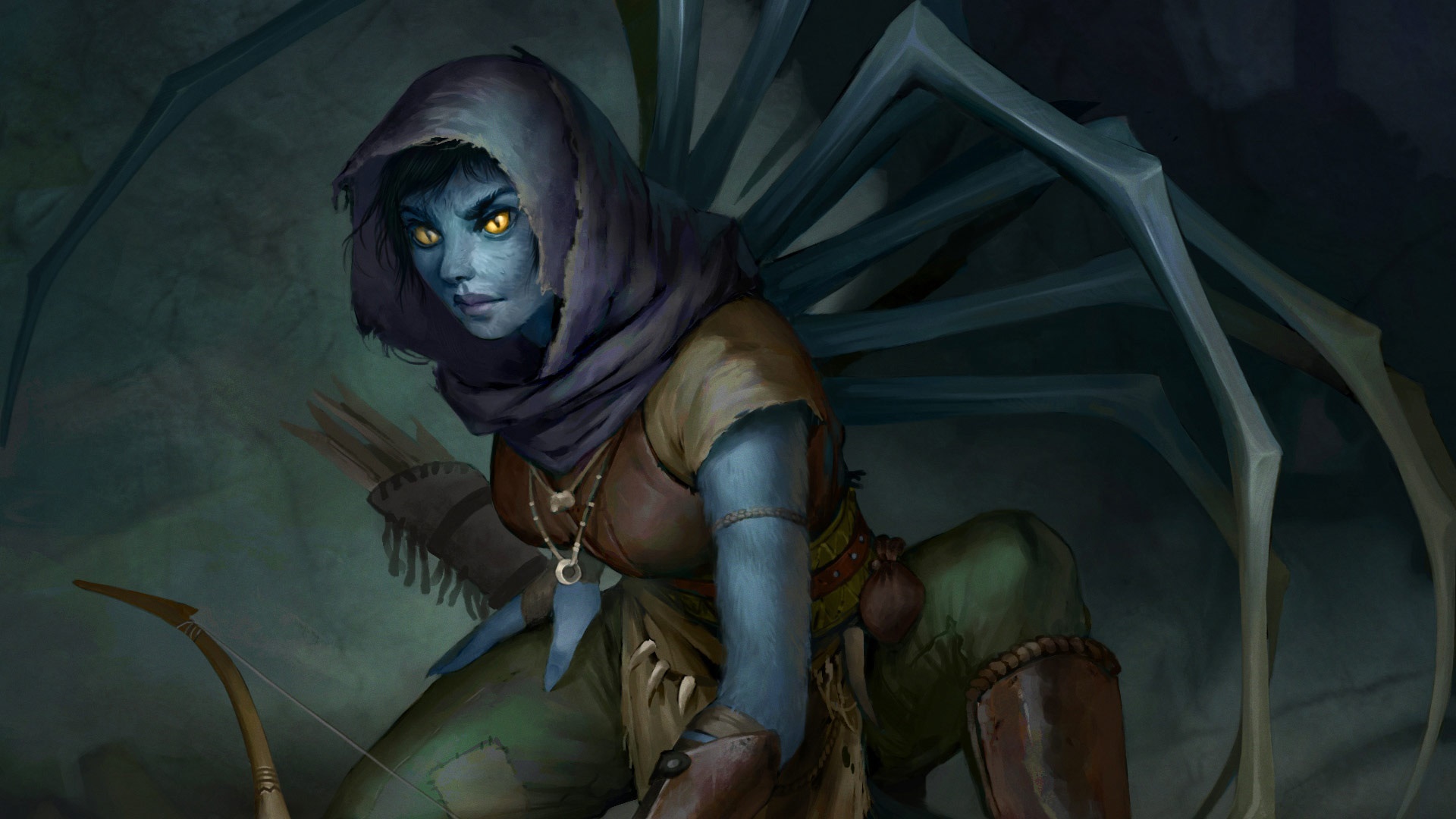 Spider-like creature with bow and arrows HD Wallpaper