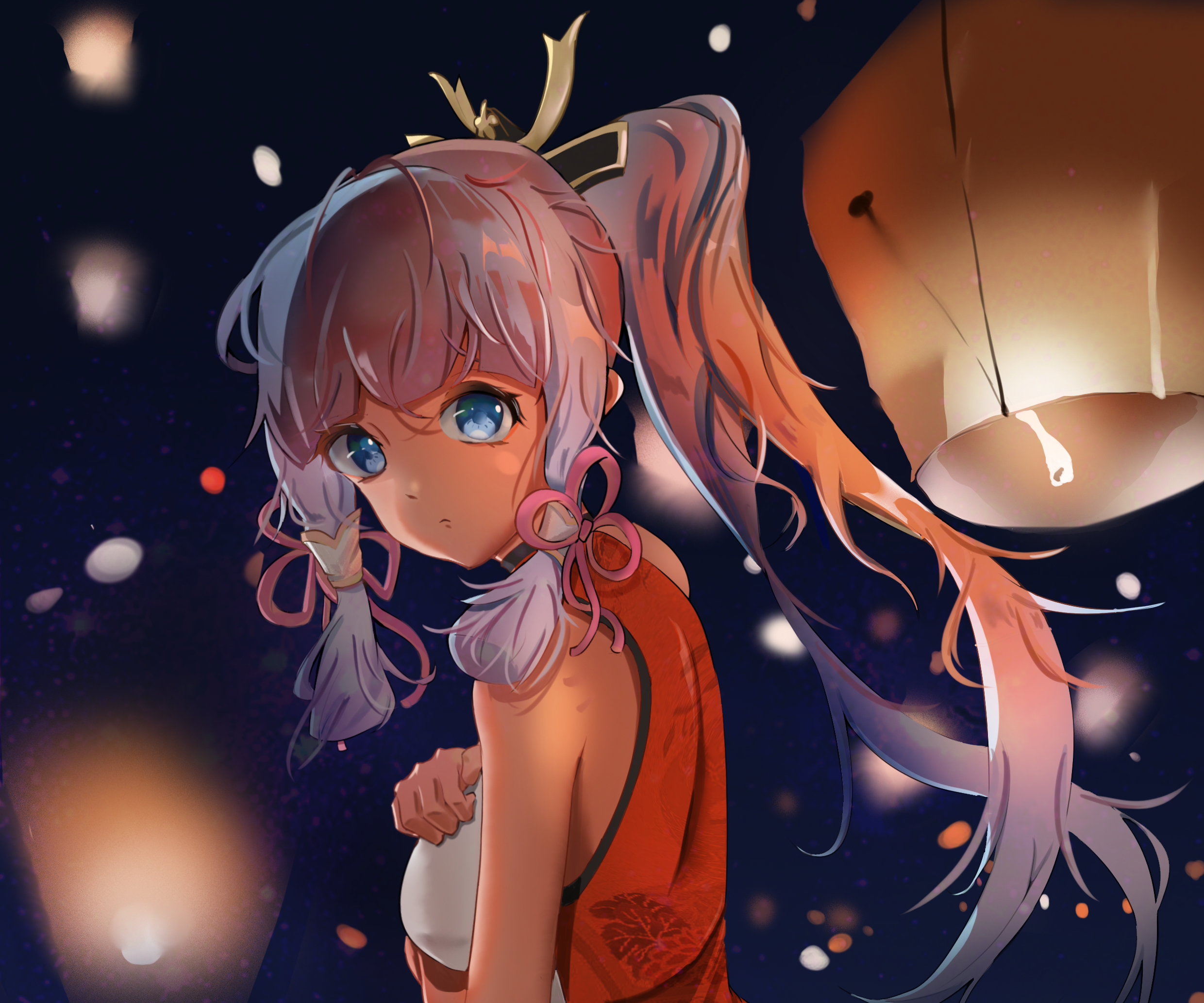 Kamisato Ayaka from Genshin Impact with lanterns HD Wallpaper