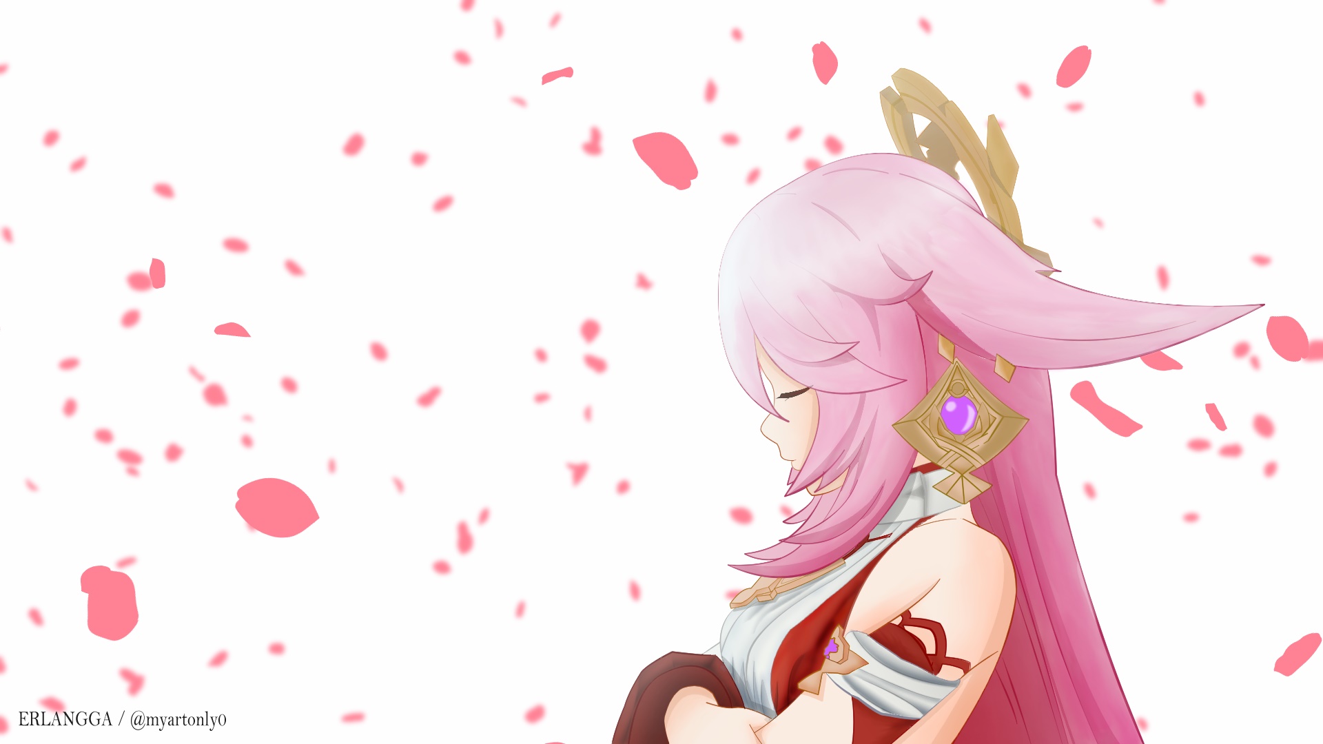 Yae Miko from Genshin Impact with falling petals HD Wallpaper