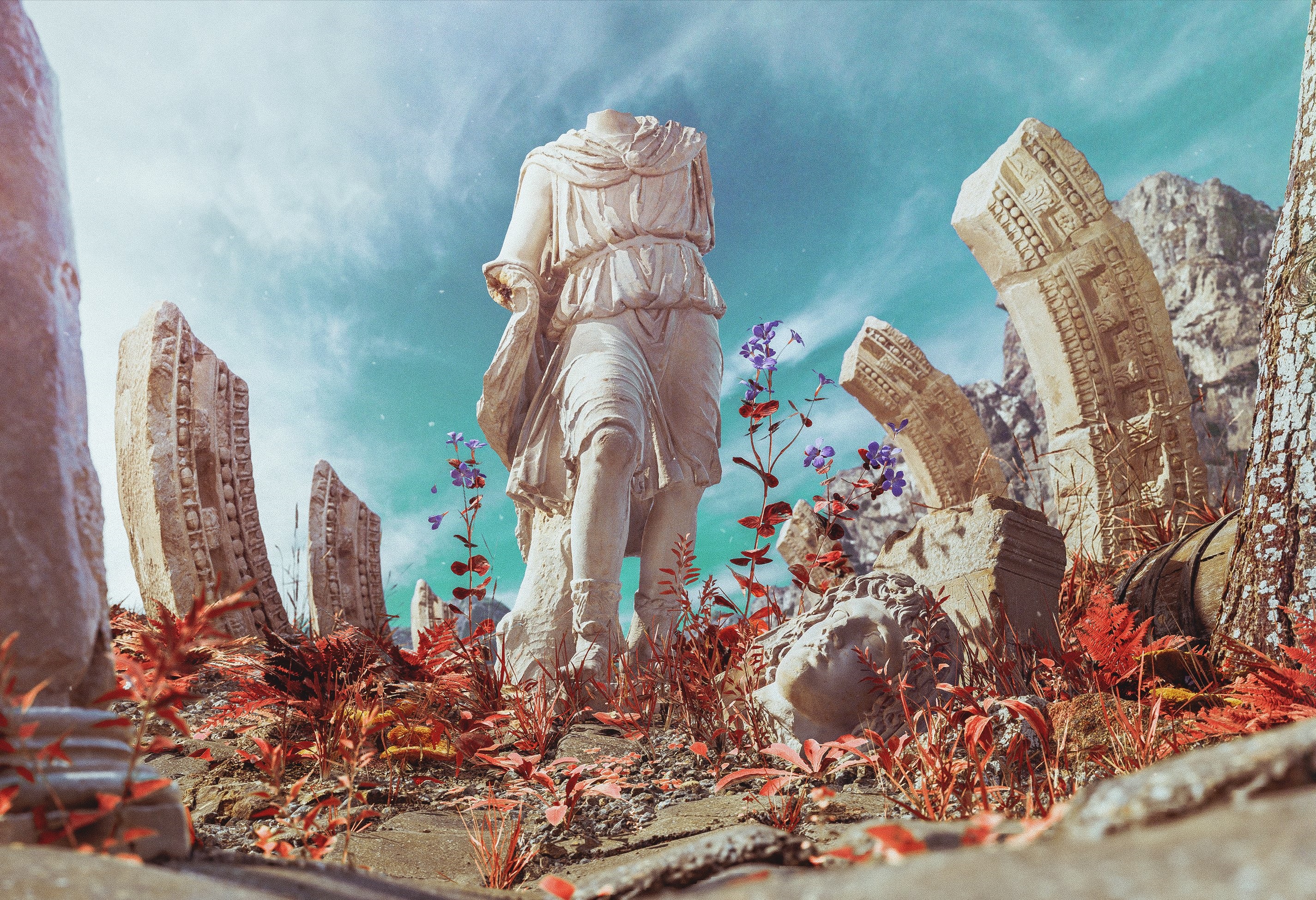 Fantasy Statue Ruins with Flowers HD Wallpaper