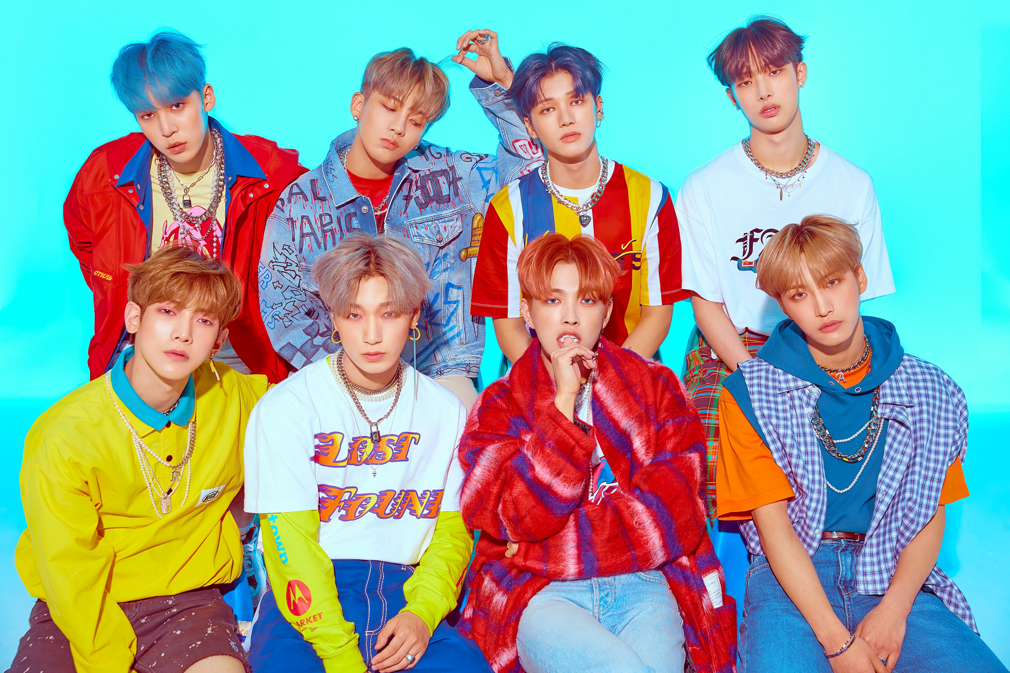ATEEZ group photo with colorful outfits HD Wallpaper