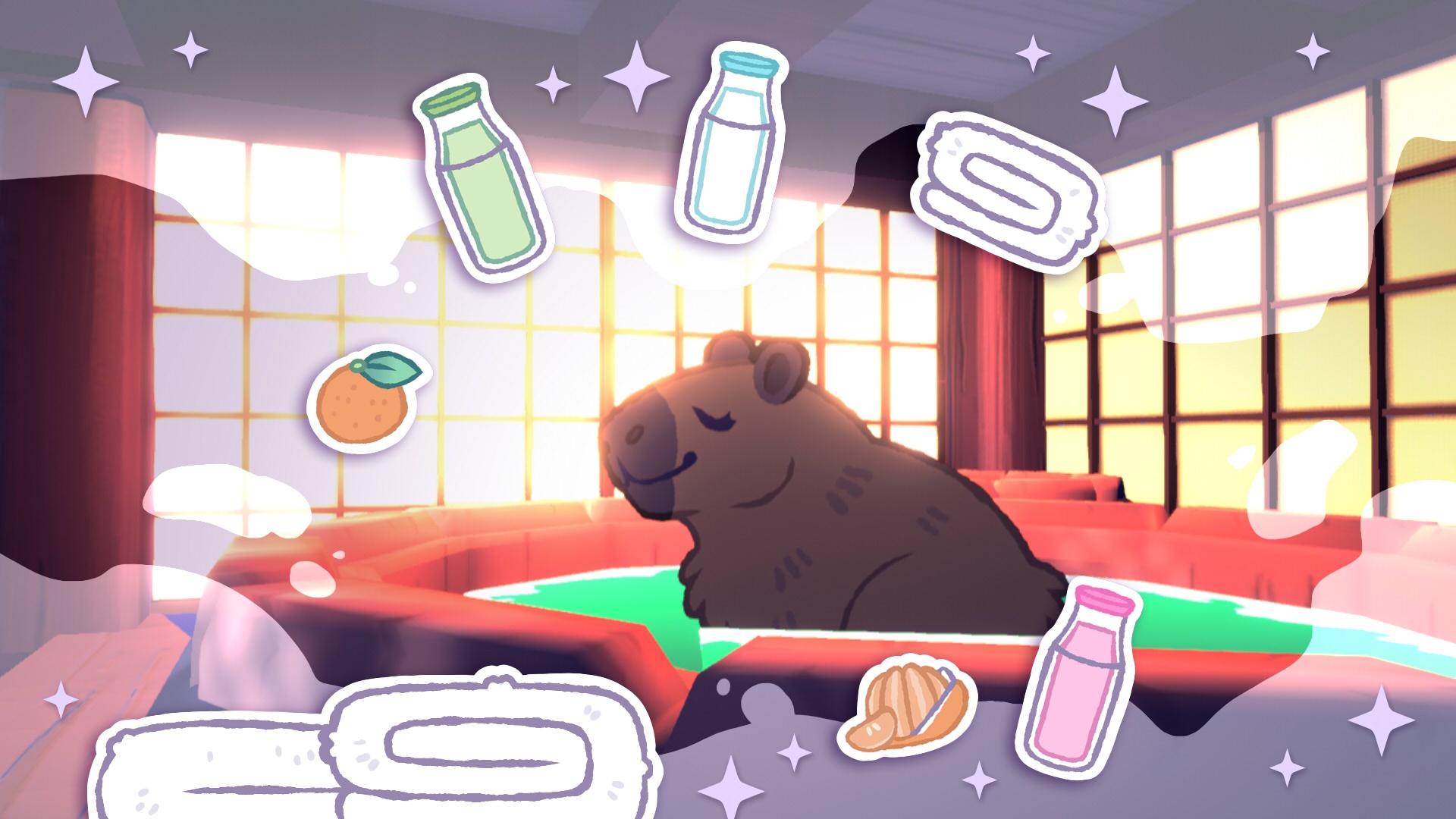 Capybara in a hot spring with drinks and towels HD Wallpaper