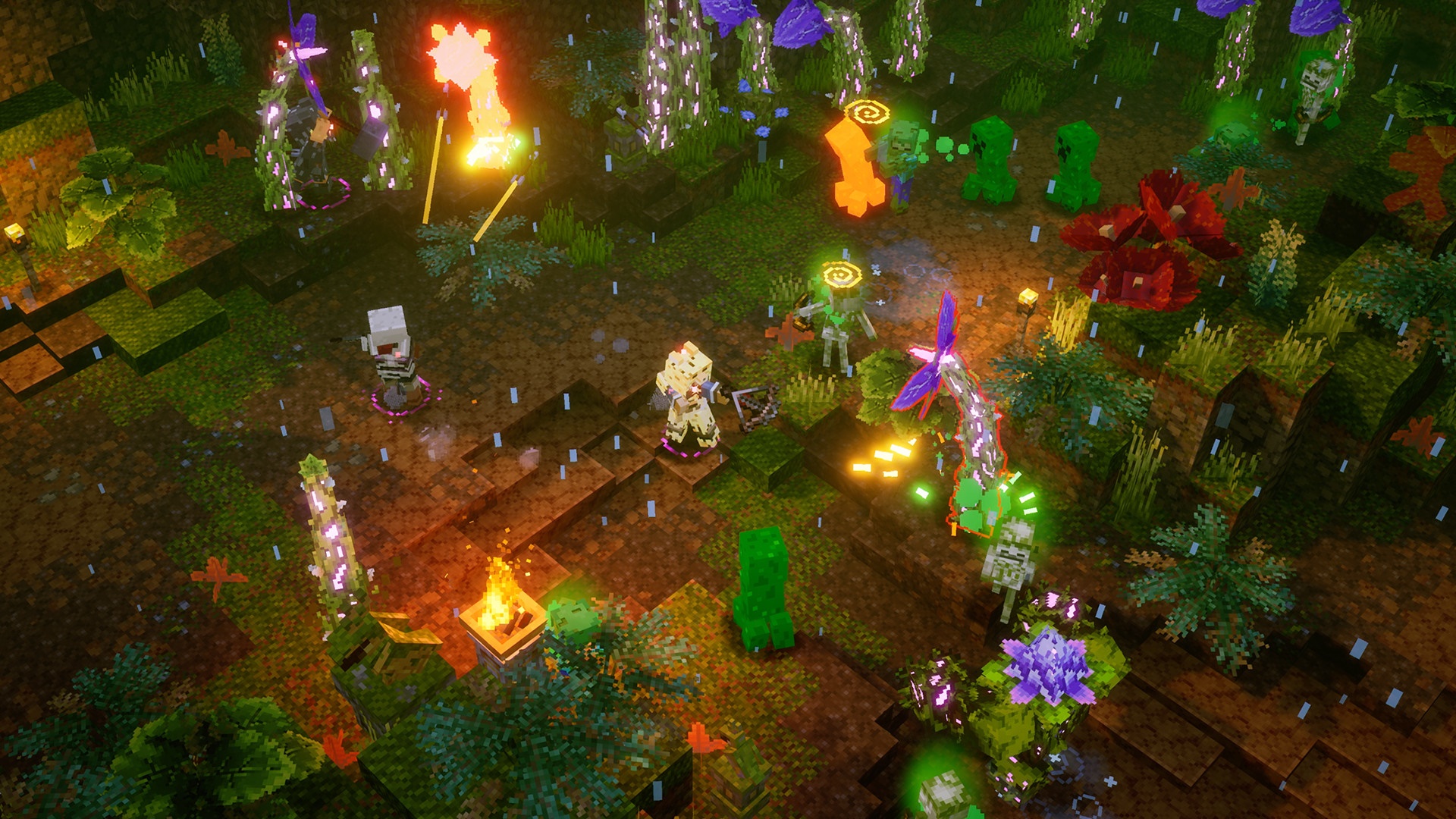 Minecraft Dungeons characters fighting monsters in a forest HD Wallpaper
