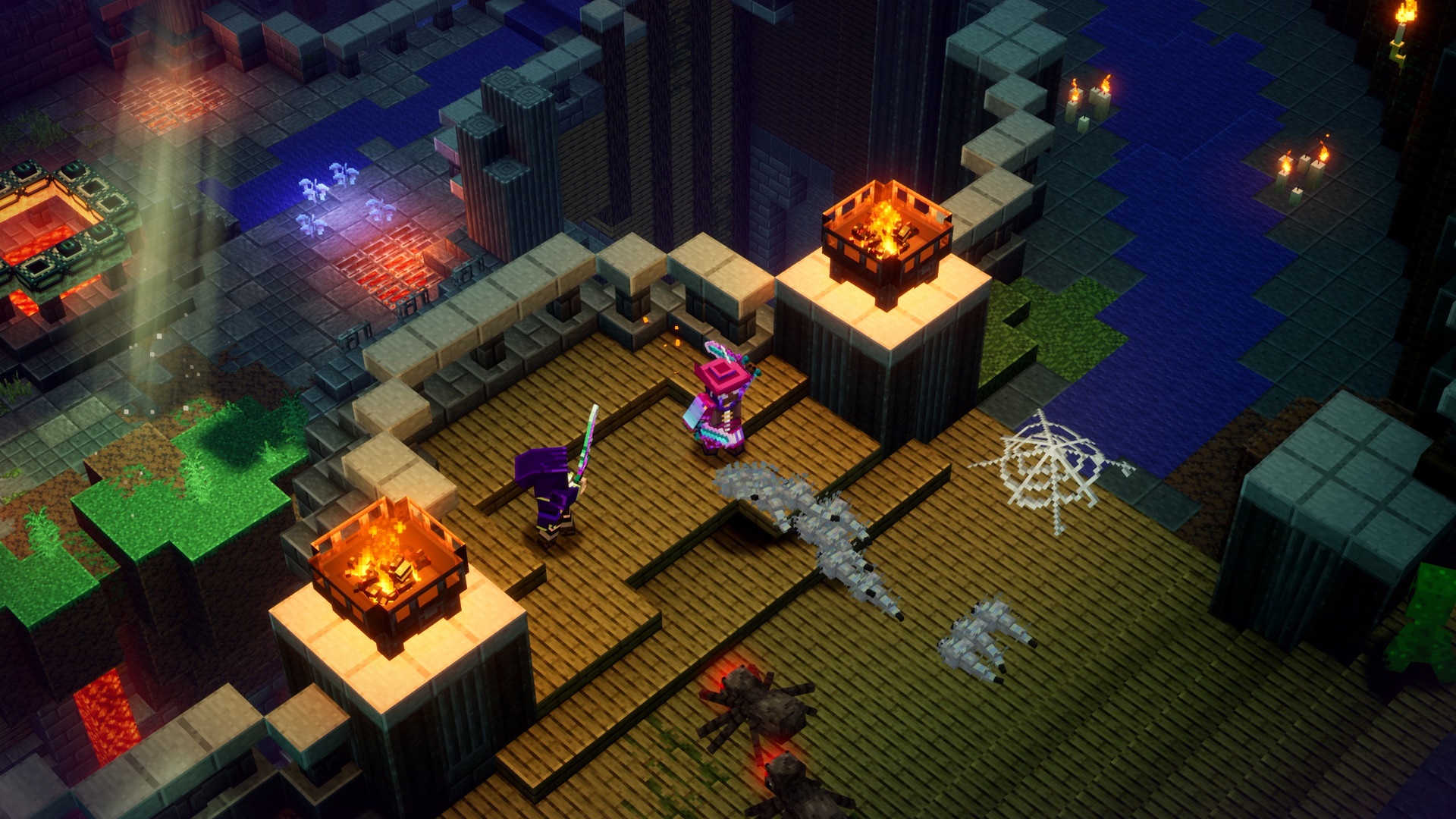 Minecraft Dungeons characters in a dungeon HD Wallpaper