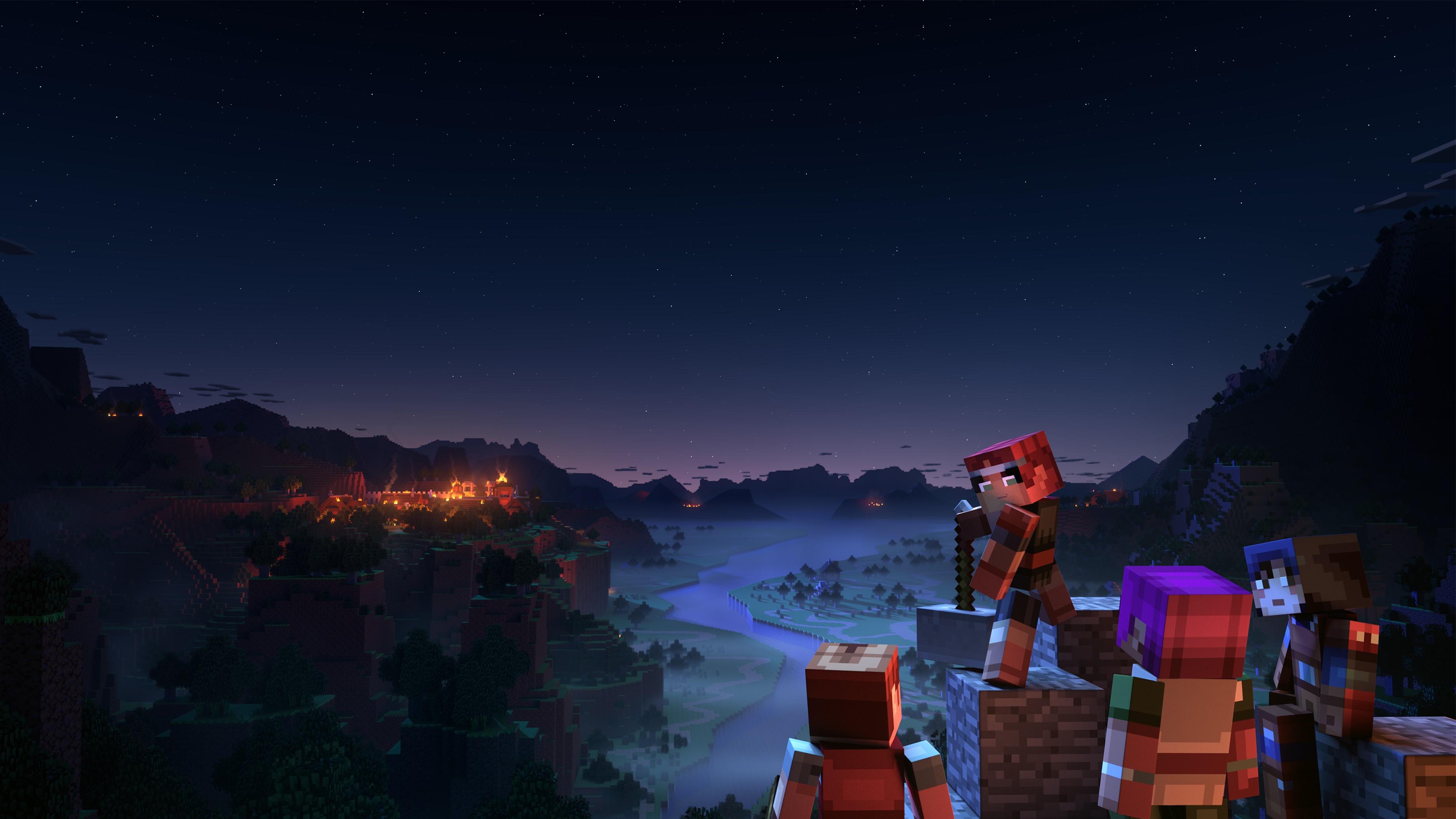 Minecraft Dungeons characters overlooking a valley at night HD Wallpaper