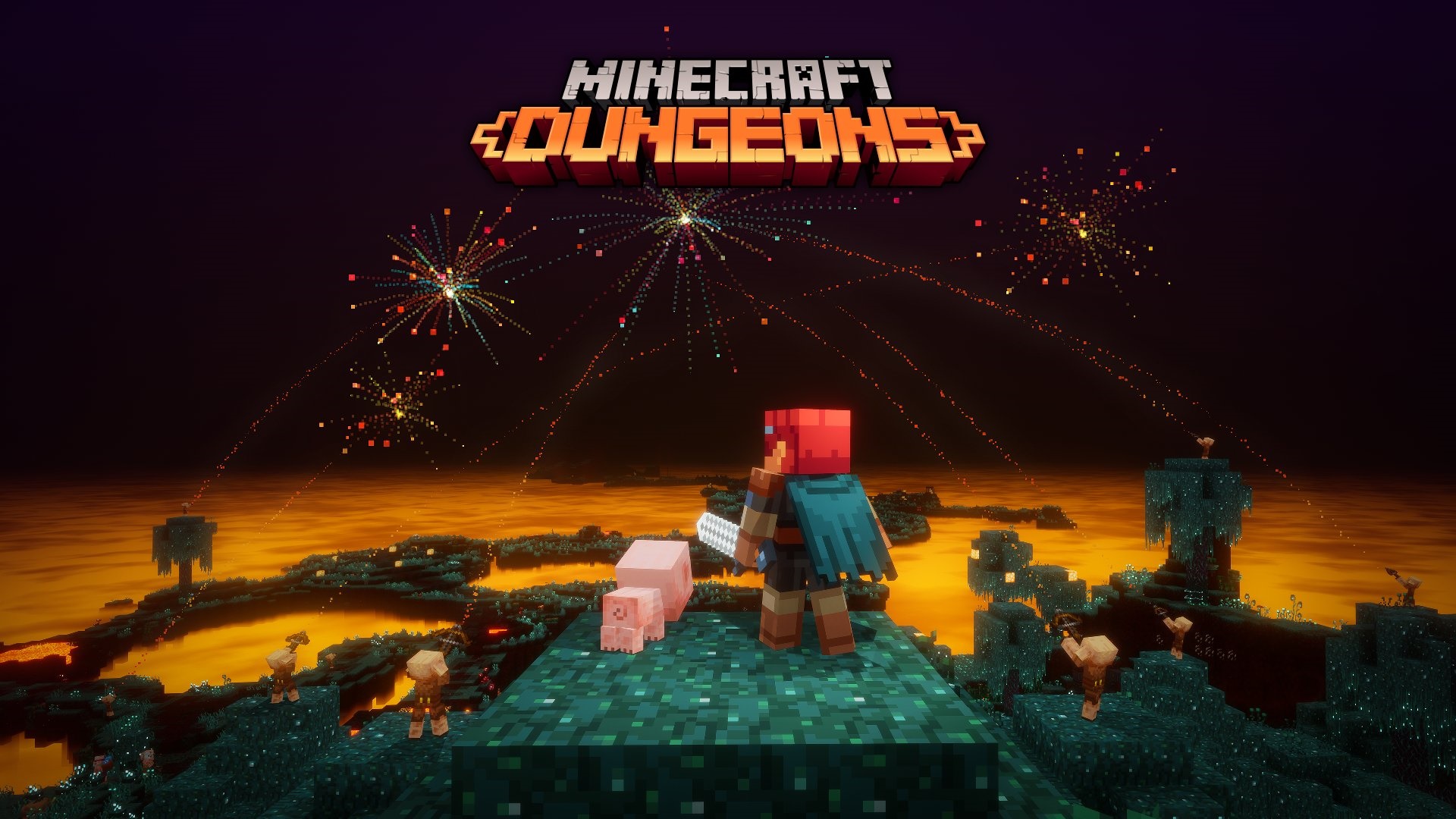 Minecraft Dungeons character with pig and fireworks HD Wallpaper