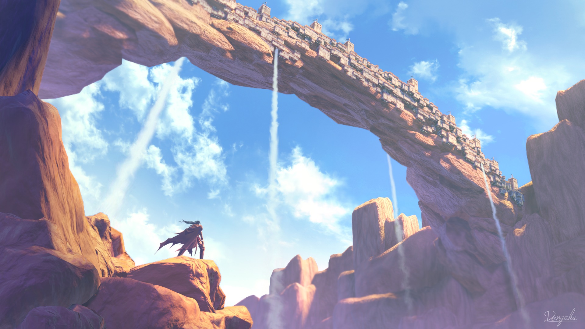 Fantasy city built on a rock arch with waterfalls HD Wallpaper
