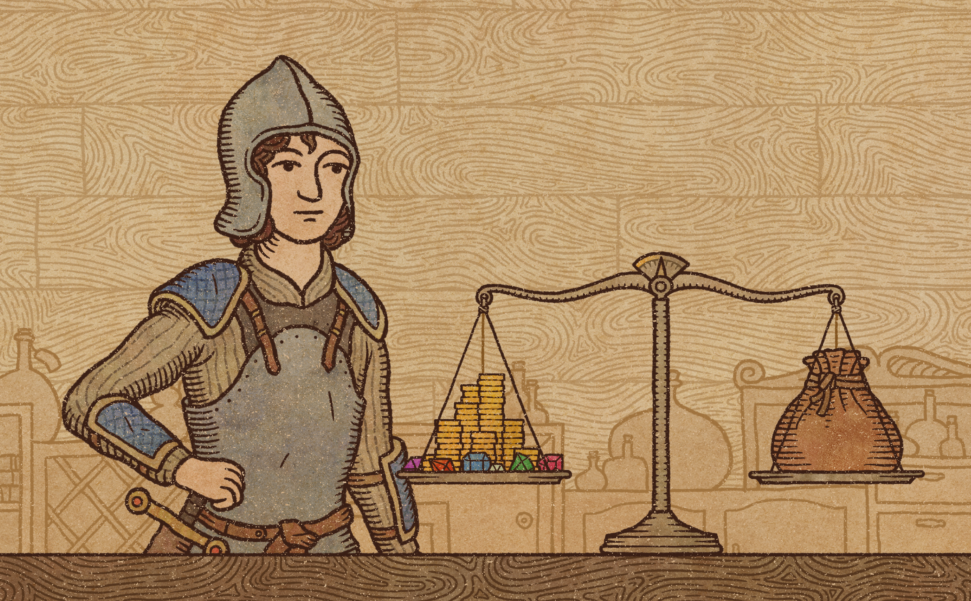 Alchemist weighing gold and gems on a scale HD Wallpaper
