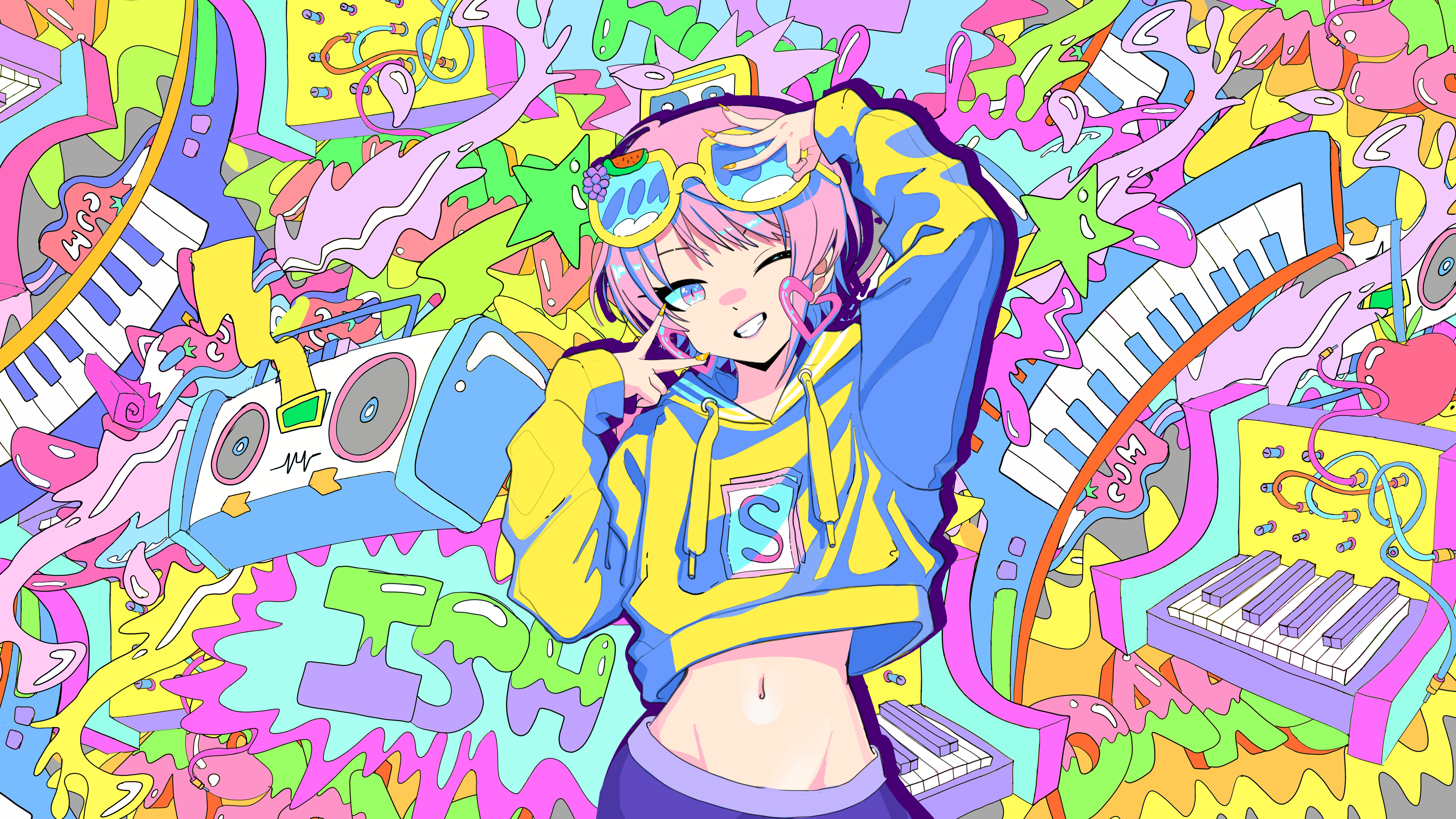 Girl with colorful music-themed background 4K HD Wallpaper