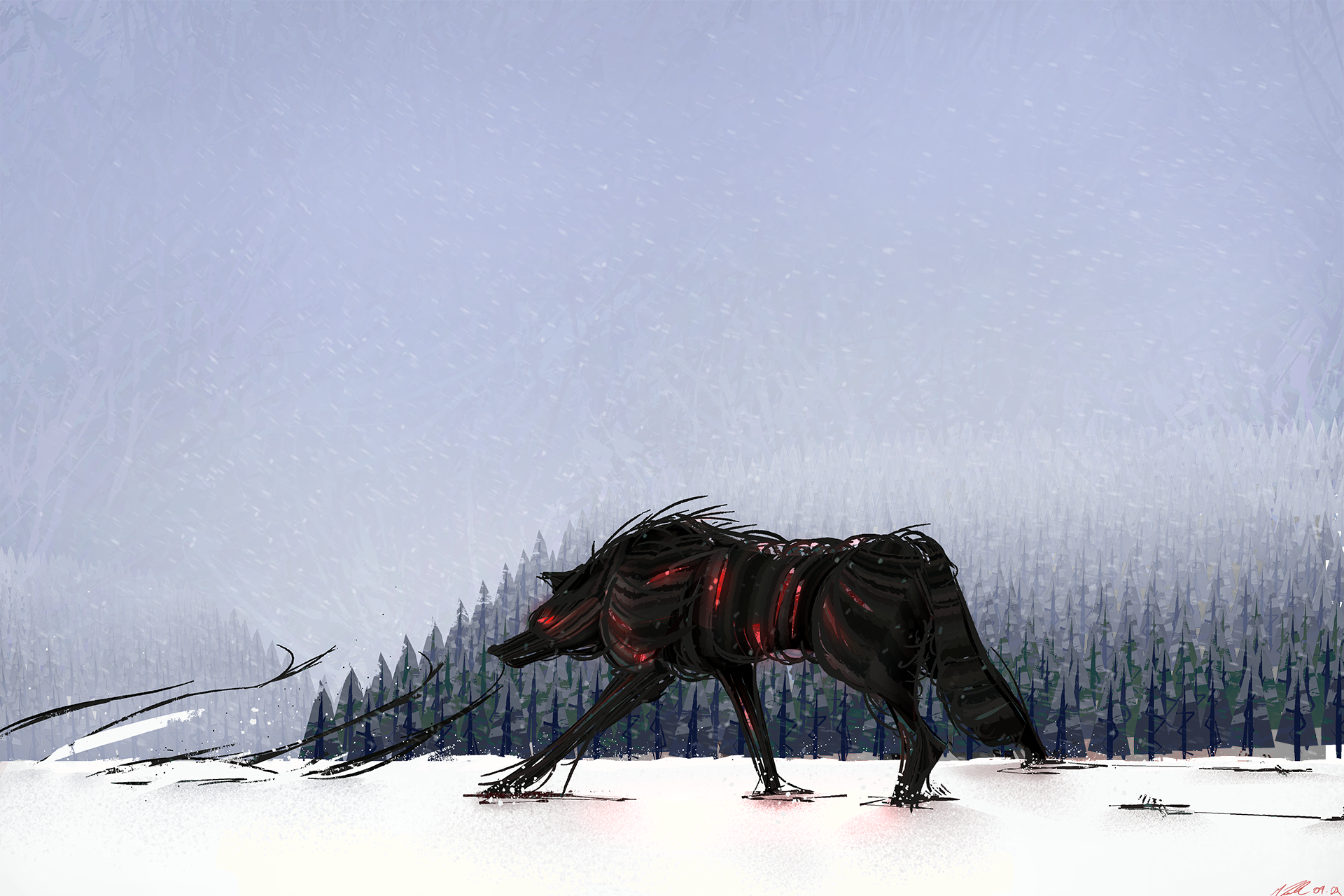 Mechanical Wolf in a Snowy Forest HD Wallpaper