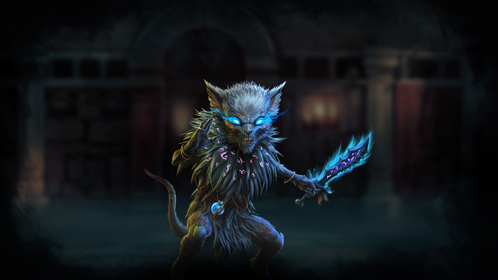 Gloomhaven creature with glowing eyes and sword HD Wallpaper