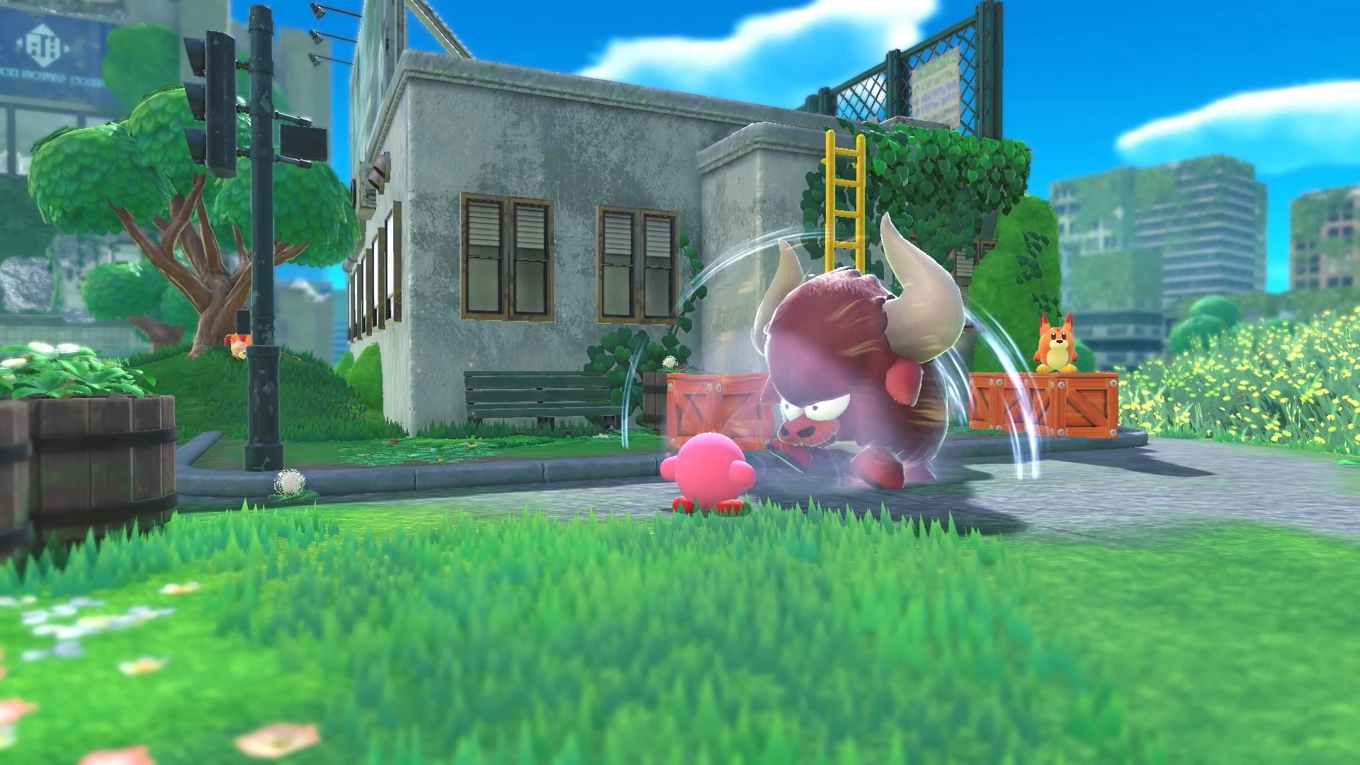 Kirby from Kirby and the Forgotten Land fighting a bull enemy HD Wallpaper