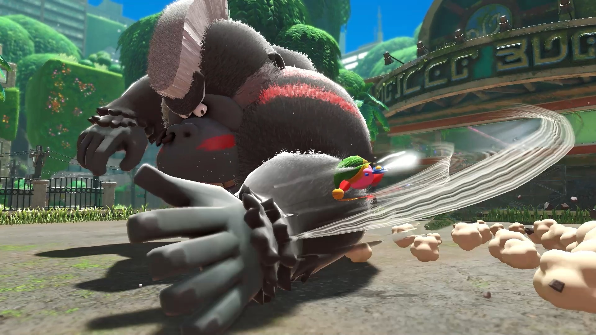 Kirby from Kirby and the Forgotten Land fighting a gorilla HD Wallpaper