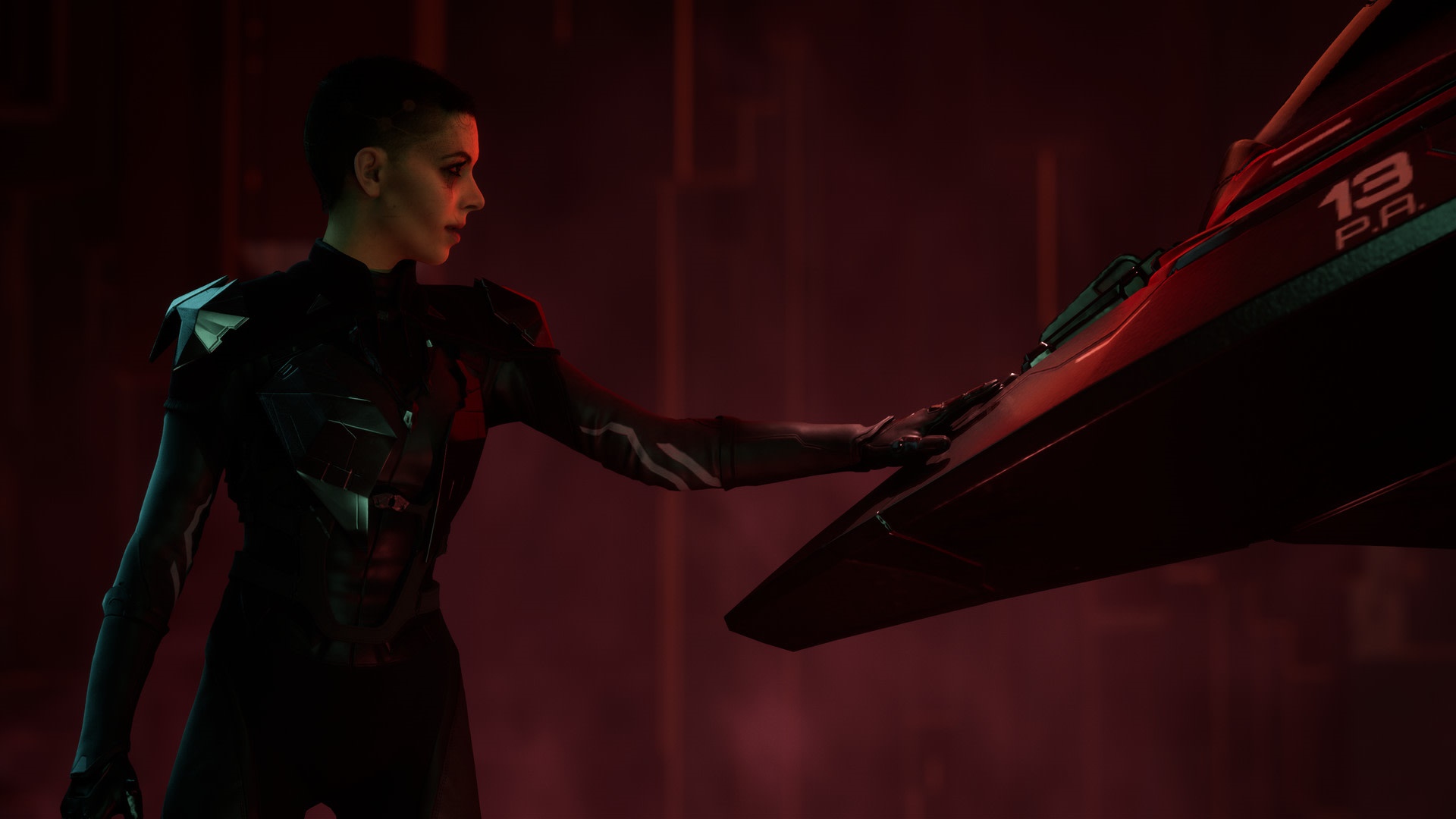 Woman in futuristic armor touching a spacecraft HD Wallpaper