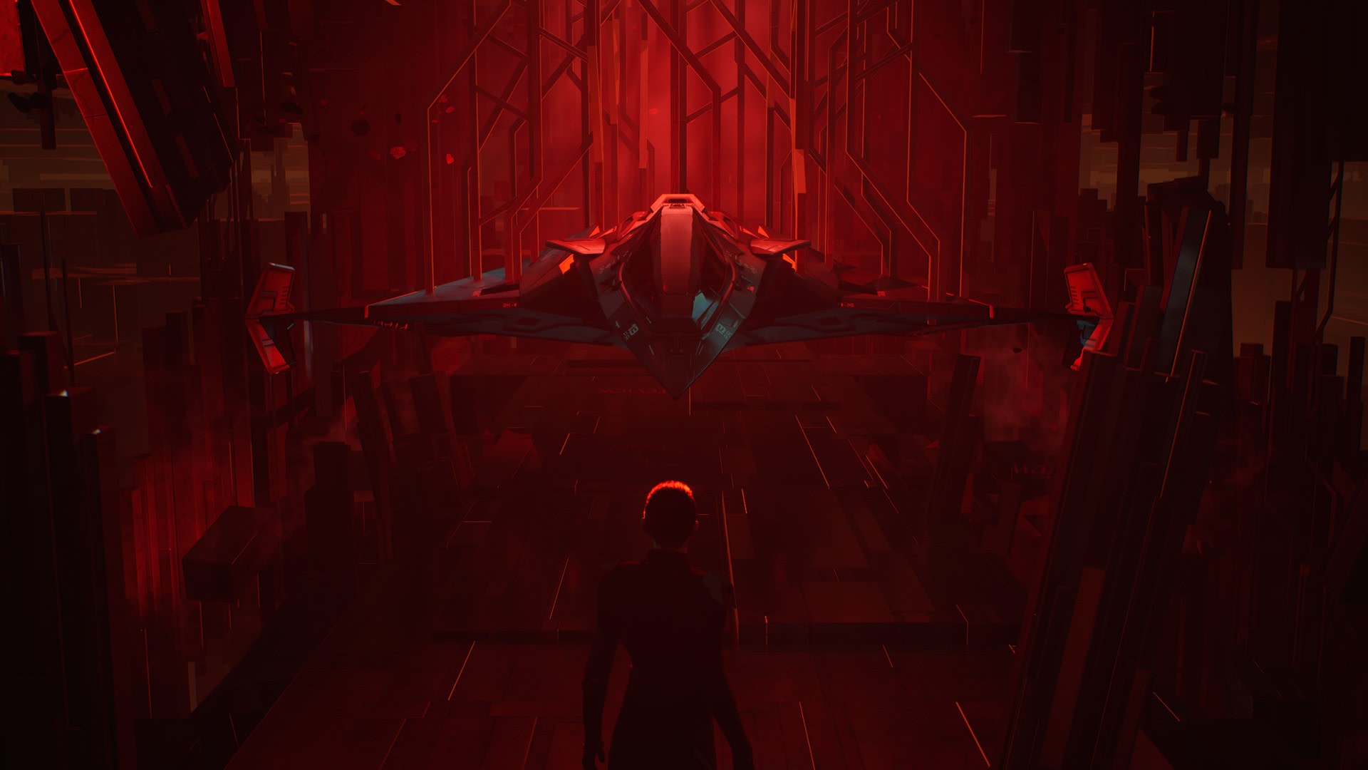 A person stands before a futuristic spaceship in a red chamber HD Wallpaper