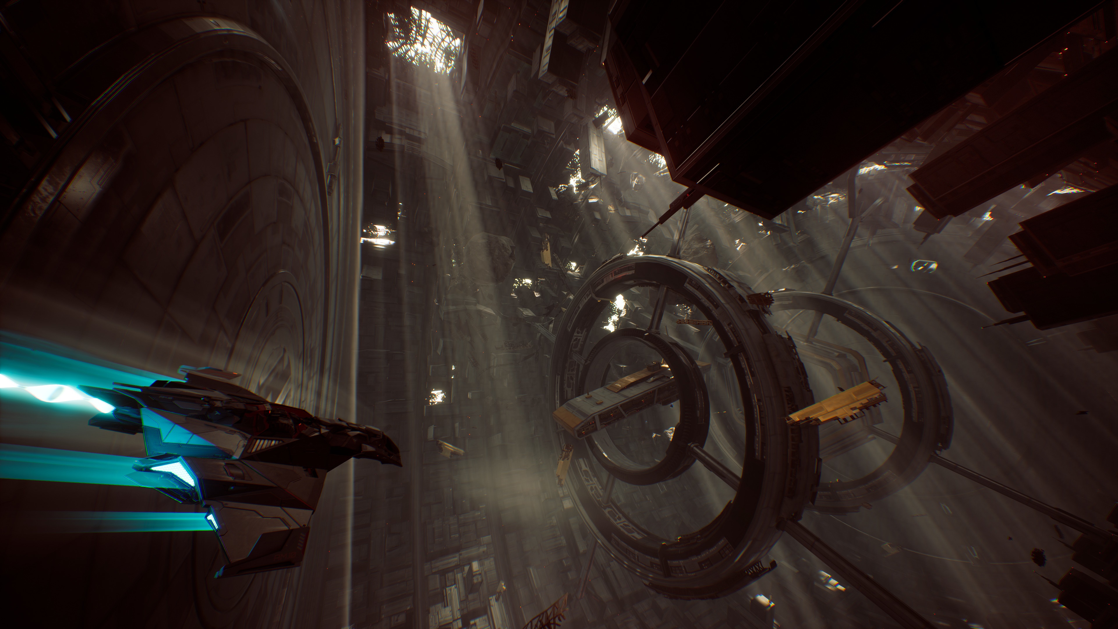 Spaceship flying through a derelict space station HD Wallpaper