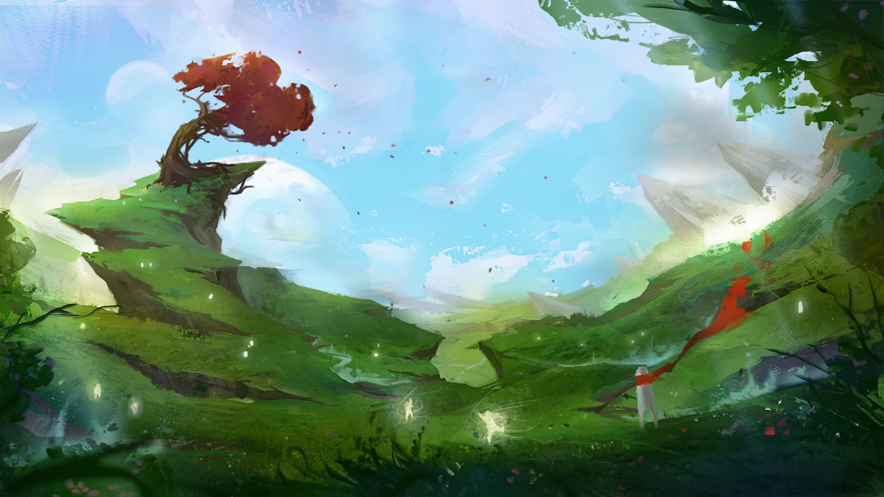 Fantasy landscape with a red-leafed tree and fairies HD Wallpaper